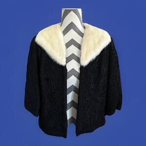 Vtg 50s Black Satin White Fur Collar Glam Short Coat Sz S/M